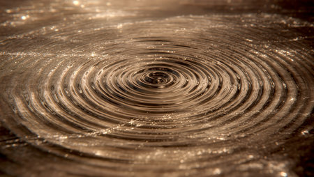 Gentle ripples form on a reflective surface, glowing softly under warm light.の素材