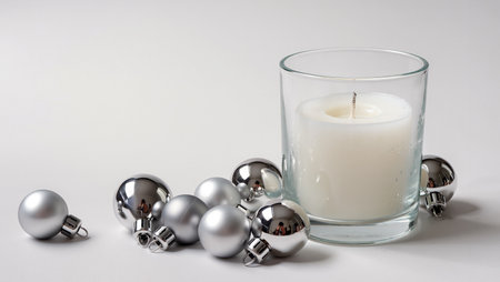 Silver ornaments surround a glowing candle, setting a warm and festive mood.の素材