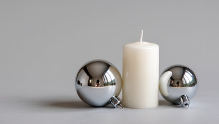 Silver ornaments and a white candle create a warm festive atmosphere.の素材