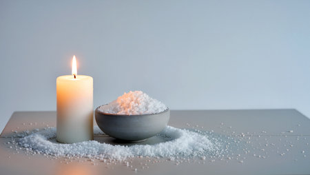 A candle glows softly beside a bowl filled with white salt, creating a calm scene.の素材