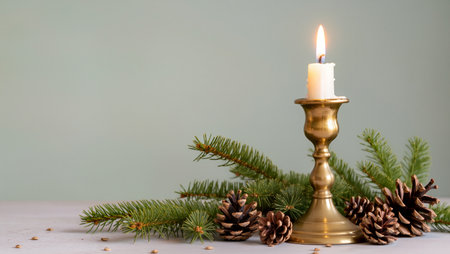 Soft candle flame illuminates a brass holder surrounded by pine and cones.の素材