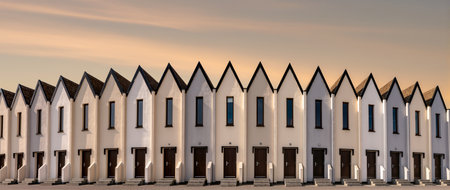 Stylish homes with pointed roofs stand in a row, illuminated by a soft sunset glow.の素材