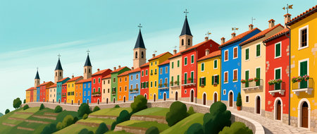 Charming houses in vibrant colors create a scenic view against a sunny backdrop.の素材