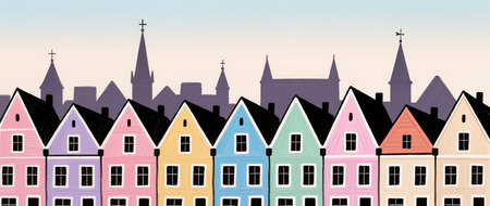 Charming houses in pastel colors line a street against a soft evening sky.の素材