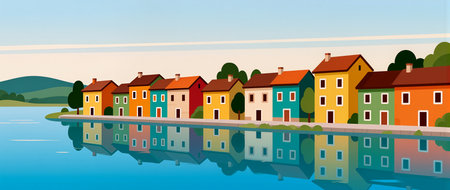 Brightly painted homes line the calm lakeshore, mirroring their colors in the water.の素材