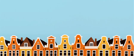 Brightly colored houses create a cheerful scene against a vibrant sky.の素材