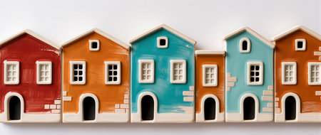 Brightly painted ceramic houses create a whimsical village scene on display.の素材