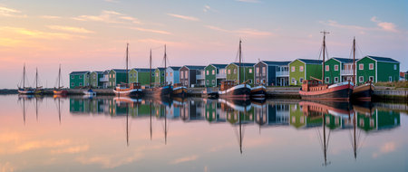 Boats lined up near vibrant houses create a picturesque scene during sunset.の素材