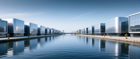 Tall, sleek buildings line a calm river under a clear blue sky, creating a peaceful scene.の素材