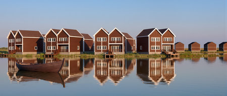 Wooden houses reflect in calm waters, creating a peaceful scene at dusk.の素材