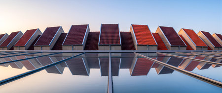 Rooftops with red tiles mirror on a glass surface at dawn in perfect tranquility.の素材