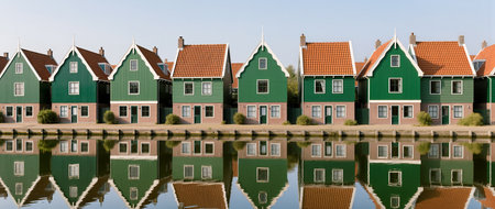 Colorful green houses reflect in the calm water of the canal during evening light.の素材