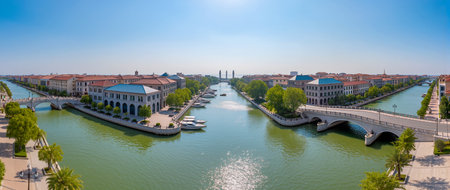 Boats float gently on the calm water, surrounded by charming buildings and green trees.の素材