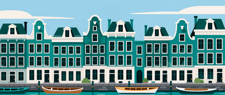 Brightly painted canal houses stand tall beside tranquil waters in a lively scene.の素材