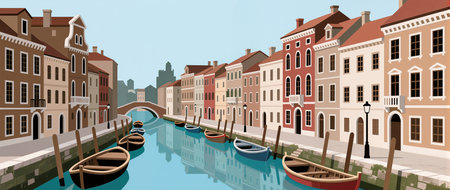 Tranquil canal scene with vibrant houses, small boats, and a distant bridge.の素材