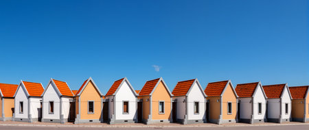 Brightly colored houses with unique roofs line a sunny street, creating a charming scene.の素材