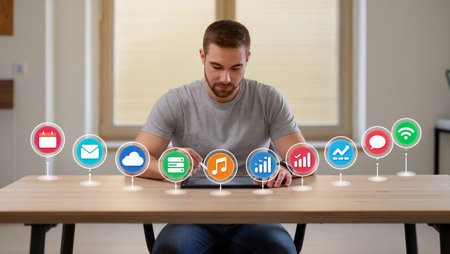 A man interacts with a tablet surrounded by vibrant digital icons representing technology.の素材
