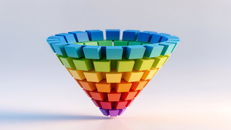 A vibrant cone structure formed by colorful cubes creating a stunning rainbow effect.の素材
