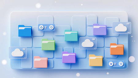 Colorful digital folders are arranged on a sleek background, showcasing organization.の素材