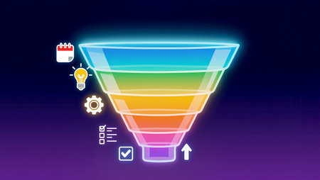 Abstract graphic of a glowing funnel displays stages of thought development and planning.の素材