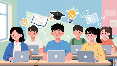 Young students actively work on laptops while sharing ideas and collaborating.の素材