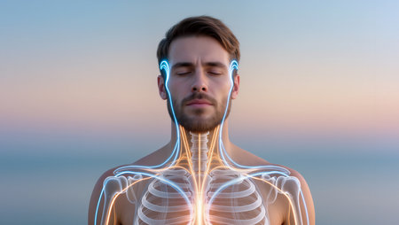 A man stands by the sea at sunset, visualizing his internal anatomy and energy flow.の素材