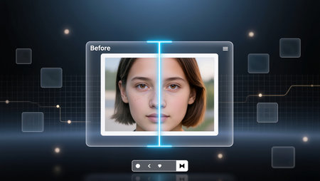 This scene shows a side-by-side view of a face before and after AI enhancement.の素材