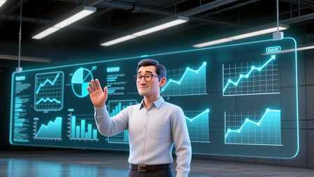 A digital character stands in a high-tech office, showing rising graphs.の素材
