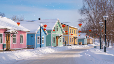Colorful houses stand along a snowy road, decorated with red lanterns brightening winter.の素材