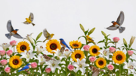 Colorful birds fly over a vibrant garden of sunflowers and lilies.の素材