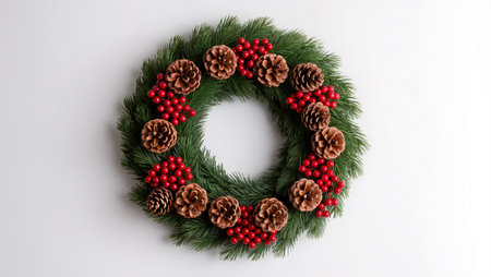 This lovely holiday wreath includes pinecones and red berries, ideal for celebrations.の素材