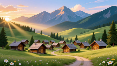 Warm sunlight bathes a cozy village surrounded by tall mountains and lush greenery.の素材