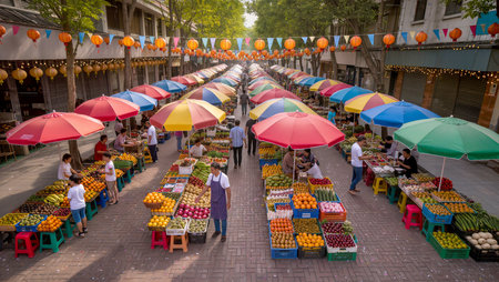 Vendors display fresh fruits under bright umbrellas in a lively market.の素材