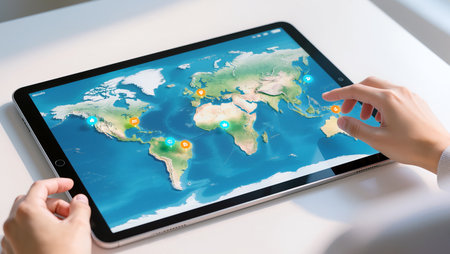 Hands interact with a colorful world map displayed on a tablet.の素材