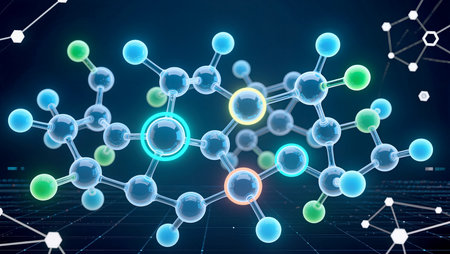 Colorful molecular structures float above a digital grid, showcasing AI's design magic.の素材