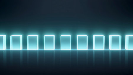 Bright glowing boxes sit in a dark setting, showcasing a modern design.の素材