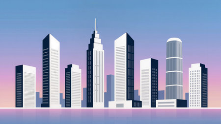 Tall buildings reflect warm hues as the sun sets behind a bustling cityscape.の素材