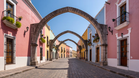 Soft sunlight highlights vibrant buildings and arches in a peaceful, charming street.の素材