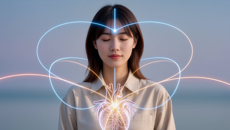 A woman contemplates the bond between emotions and thoughts as colors swirl.の素材