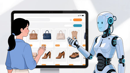 A person interacts with a robot while browsing stylish products on a digital screen.の素材