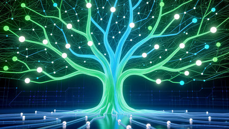 A vibrant tree composed of glowing lines and nodes reflects digital innovation.の素材