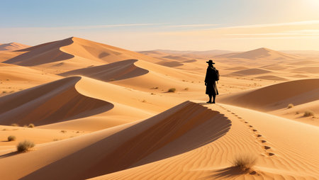 A solitary traveler stands on a sand dune, gazing at vast desert landscapes during sunset.の素材