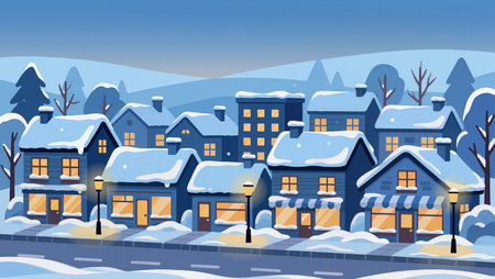 A cozy village adorned with snow, featuring glowing windows and a peaceful evening sky.の素材
