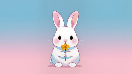 A fluffy bunny relaxes, holding a bright flower against a soft background.の素材