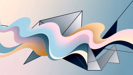 Curved waves in vibrant colors weave through angular shapes in a stunning artwork.の素材