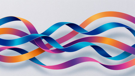 Swirling ribbons of blue, pink, and orange create a lively visual dance along a surface.の素材