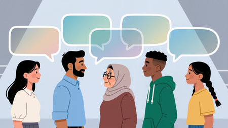 A group of four individuals share ideas and stories, fostering connection.の素材