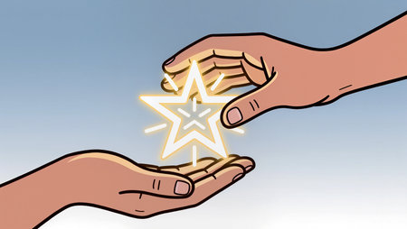 Two hands meet, passing a bright star, representing unity and shared dreams.の素材