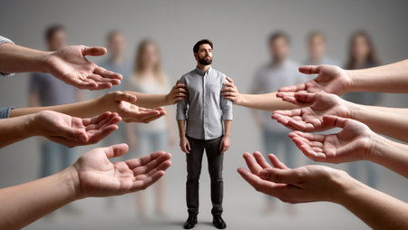 A solitary man stands center stage as hands reach out from all sides in support.の素材