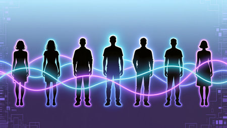 Silhouetted figures stand in a row, engaging with colorful waves of energy flowing around.の素材